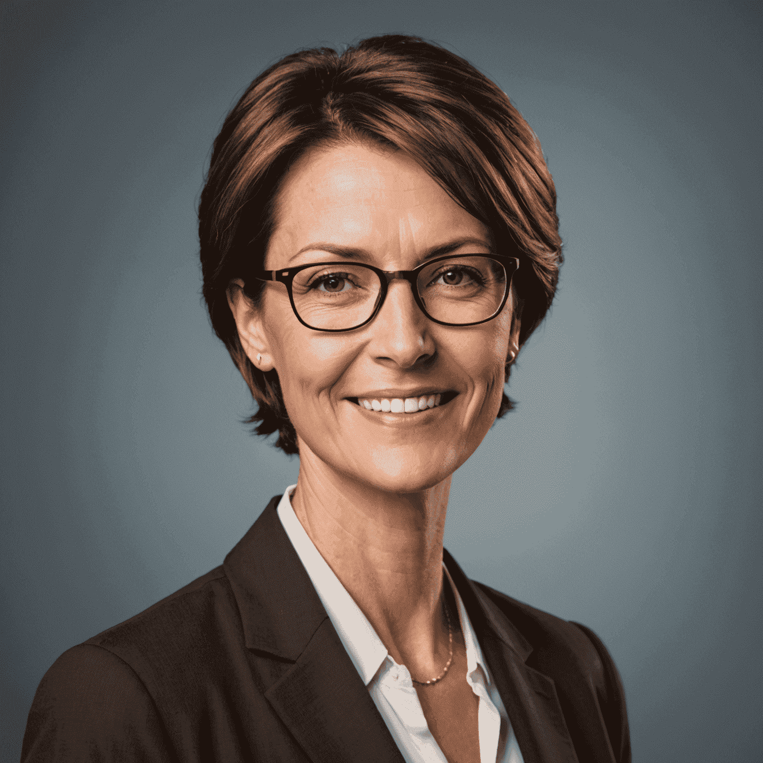 Porträt von Maria Schmidt, Geschäftsführerin, eine selbstbewusste Frau in ihren 40ern mit kurzen braunen Haaren und einer modernen Brille, die ein professionelles Lächeln zeigt