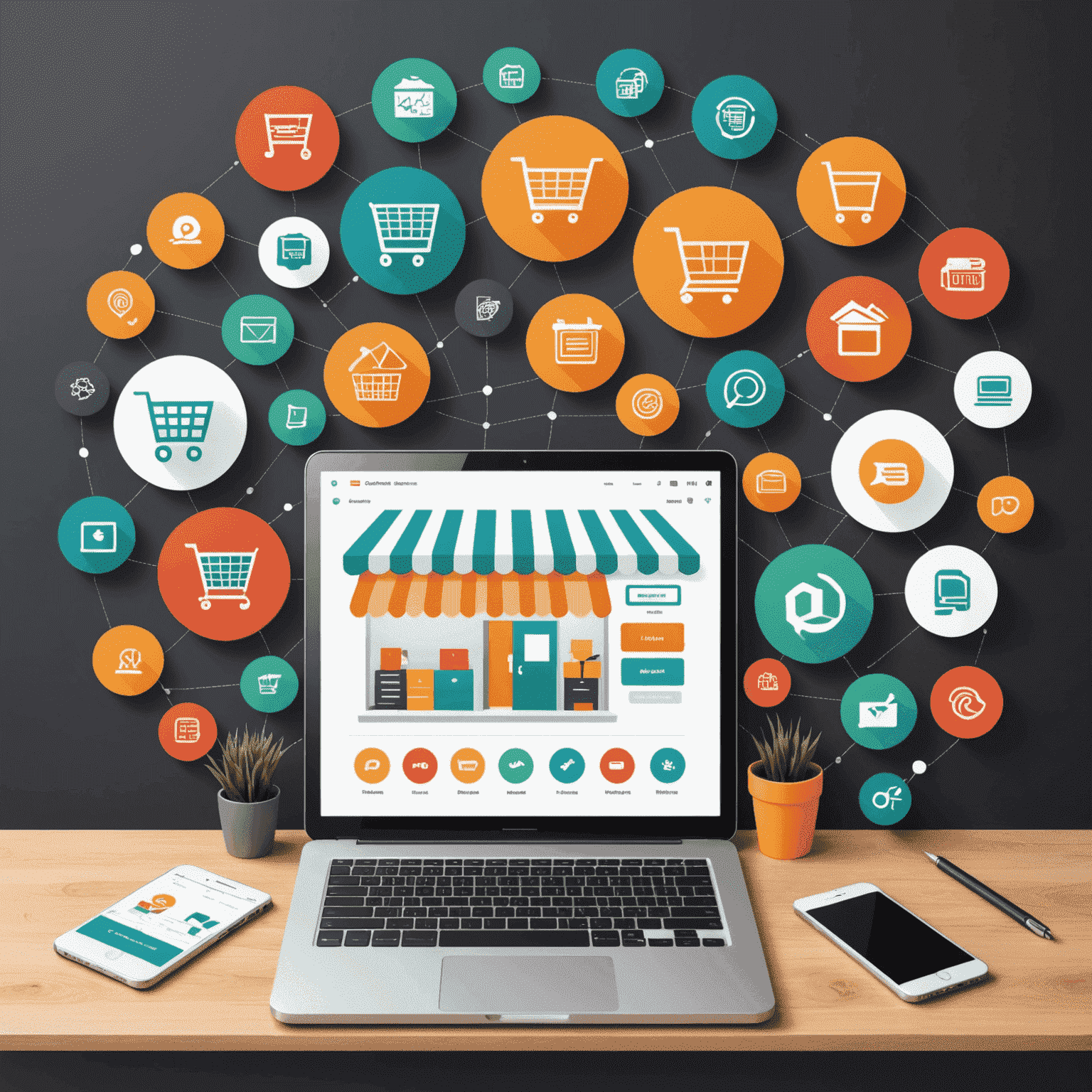 Grafik zeigt verschiedene E-Commerce-Strategien wie Online-Shop-Optimierung, Kundenanalyse und digitales Marketing