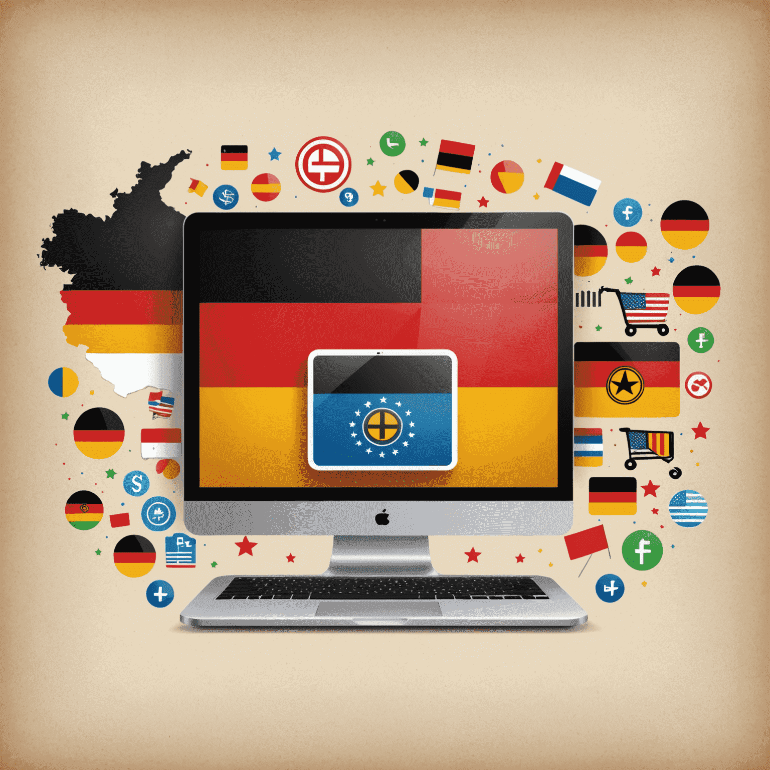 Grafische Darstellung von E-Commerce-Strategien mit deutschen Flaggenfarben und Symbolen für Online-Shopping, mobile Geräte und Wachstumskurven