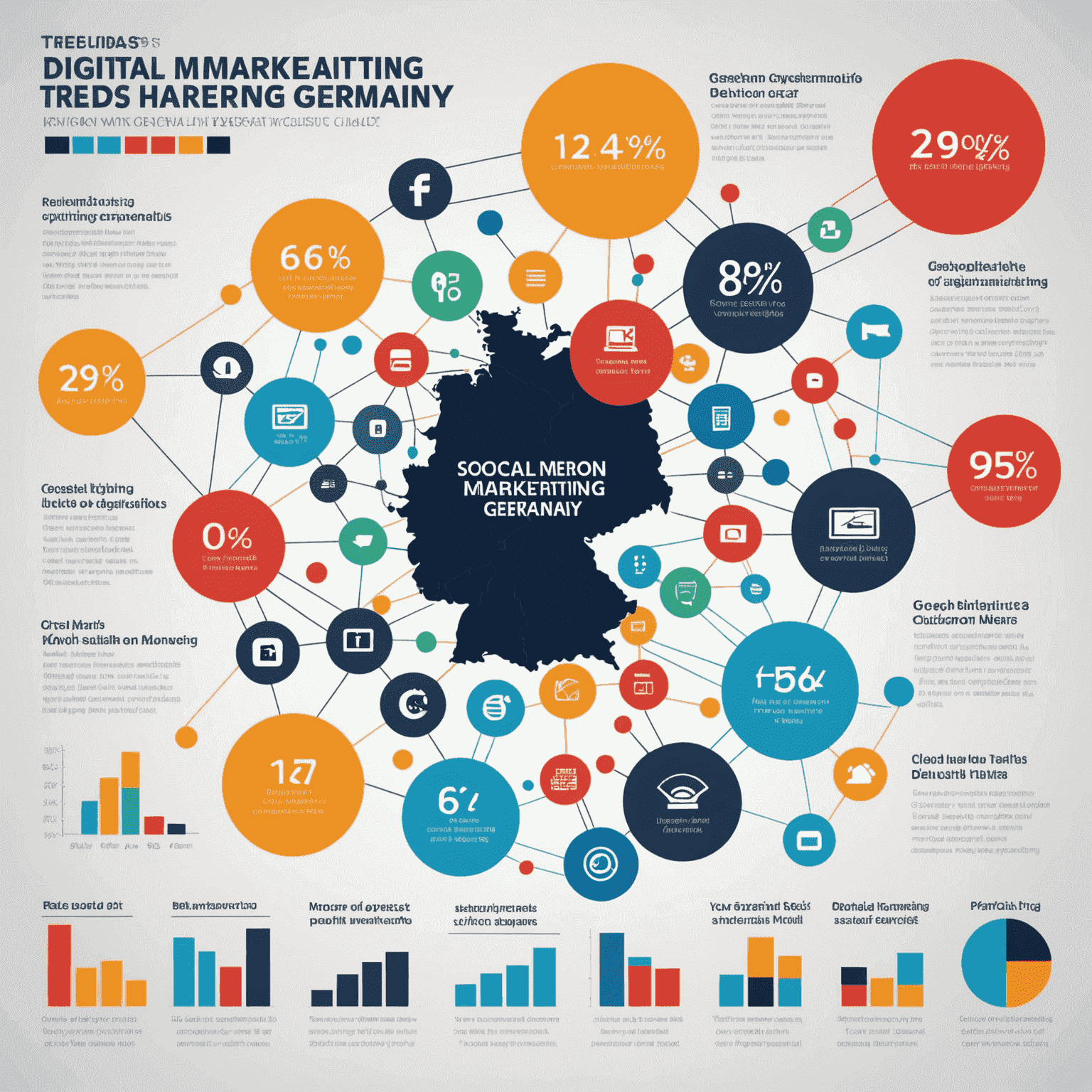 Infografik zu digitalen Marketing-Trends in Deutschland, die verschiedene Kanäle wie Social Media, SEO und Content Marketing zeigt