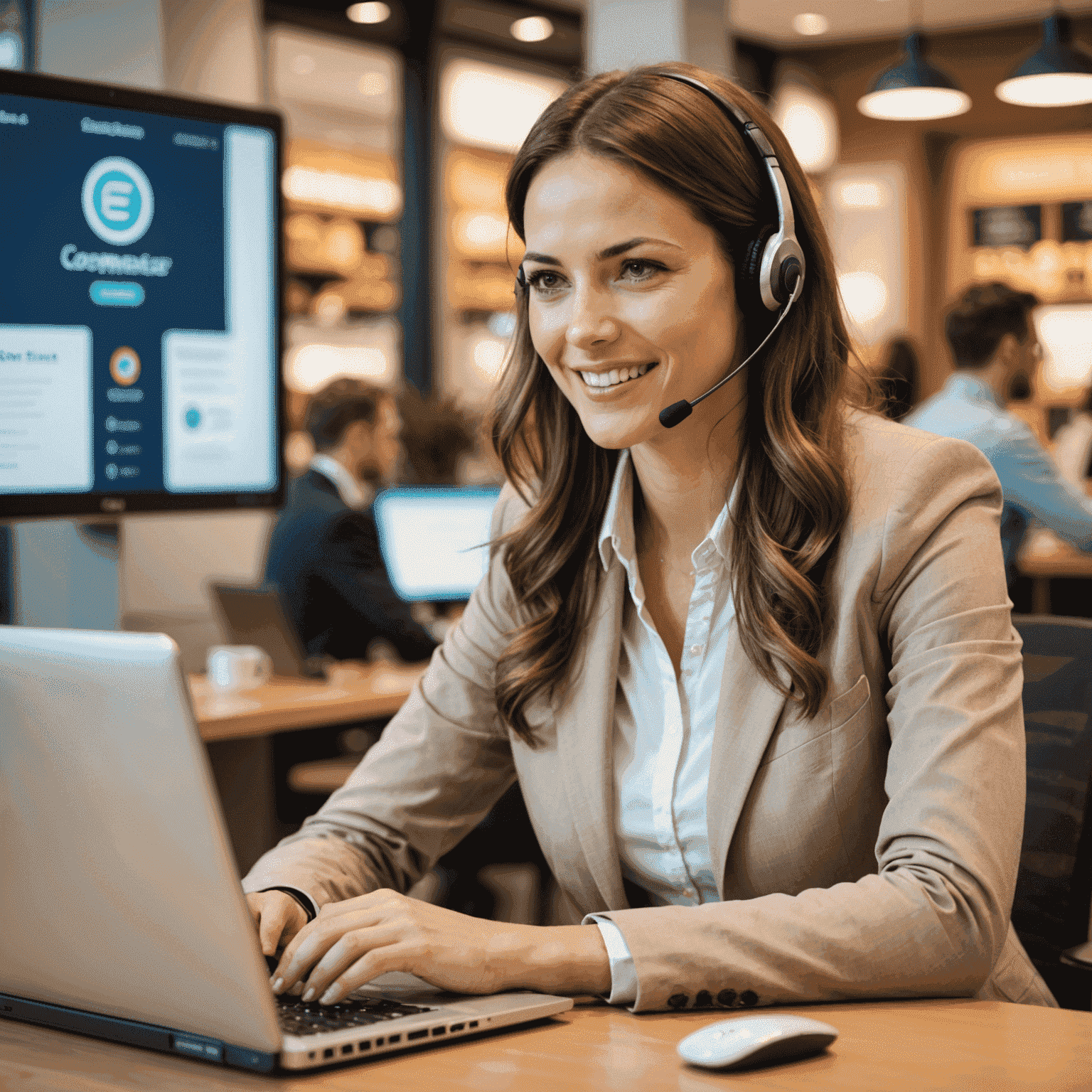 Freundlicher Kundenservice-Mitarbeiter, der mit einem Kunden über einen Laptop-Bildschirm kommuniziert. Im Hintergrund sind Symbole für E-Commerce und Kundenzufriedenheit zu sehen.