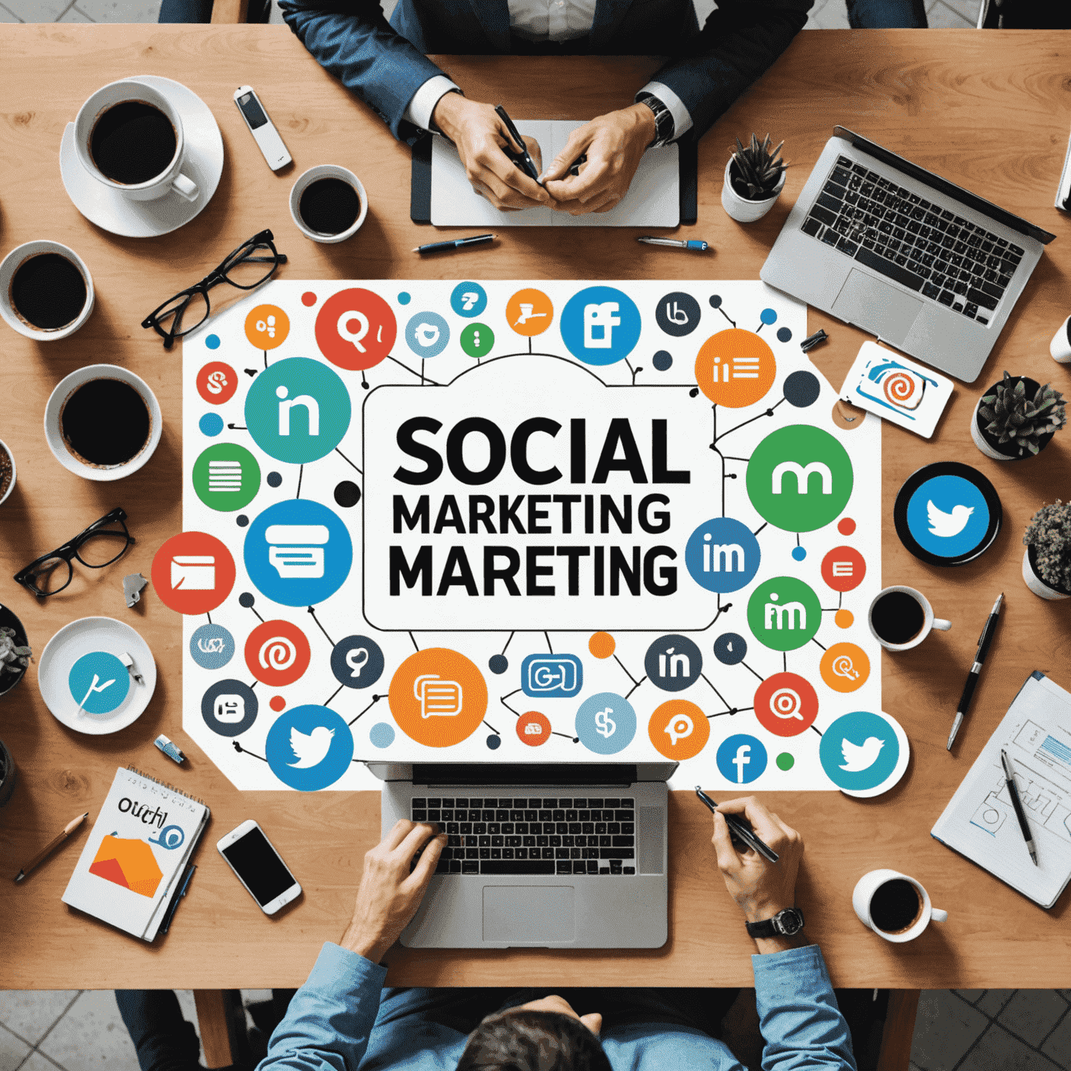 Collage von digitalen Marketing-Tools wie Social Media, SEO und Content Marketing
