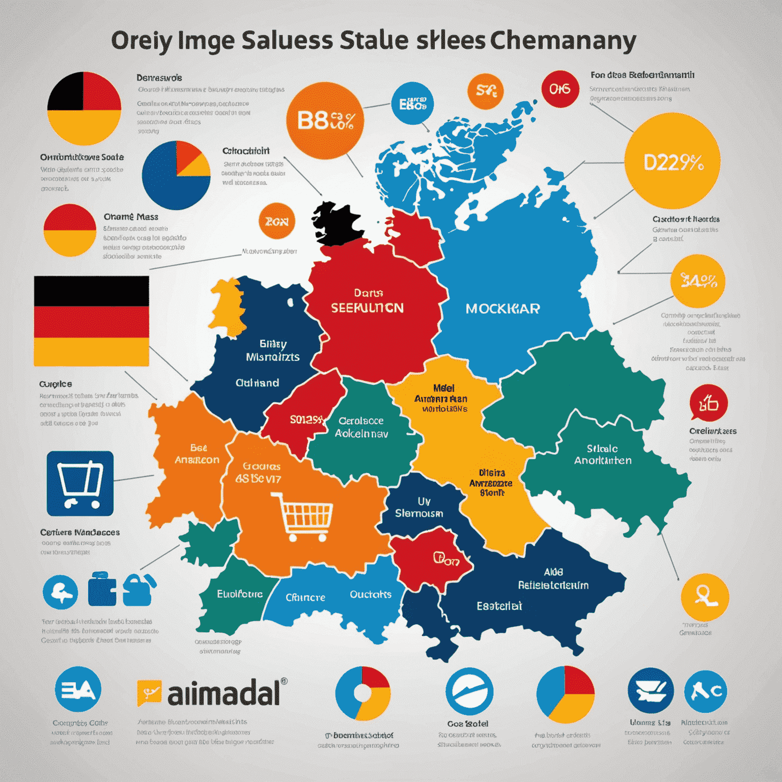 Infografik, die verschiedene Online-Verkaufskanäle in Deutschland zeigt, einschließlich eigener Webshop, Amazon, eBay und soziale Medien