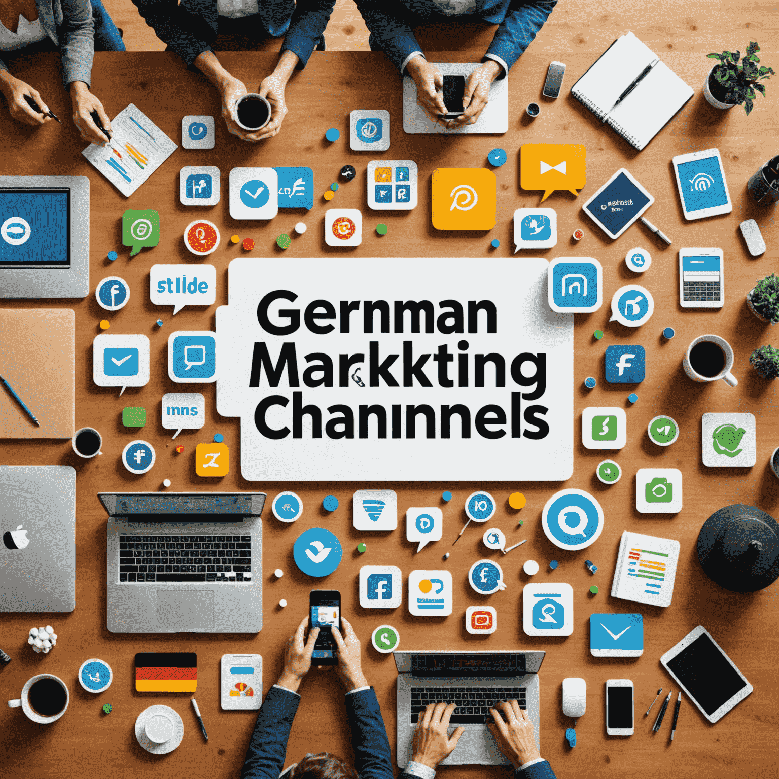 Collage von verschiedenen digitalen Marketing-Kanälen und -Tools, die deutsche Unternehmen nutzen, um ihre Online-Präsenz zu verbessern