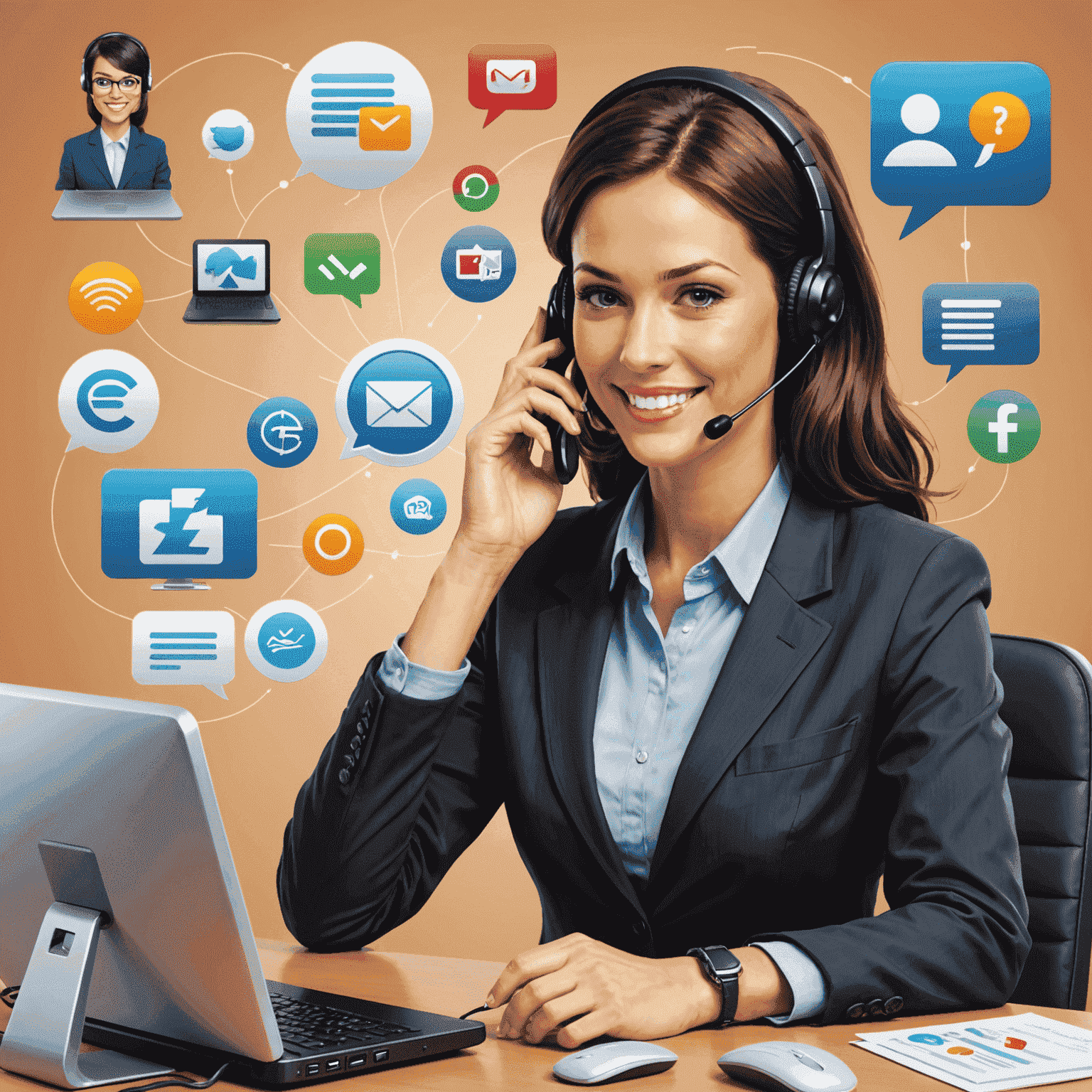 Illustration eines freundlichen Kundenservice-Mitarbeiters, der verschiedene Kommunikationskanäle wie Telefon, E-Mail und Chat bedient