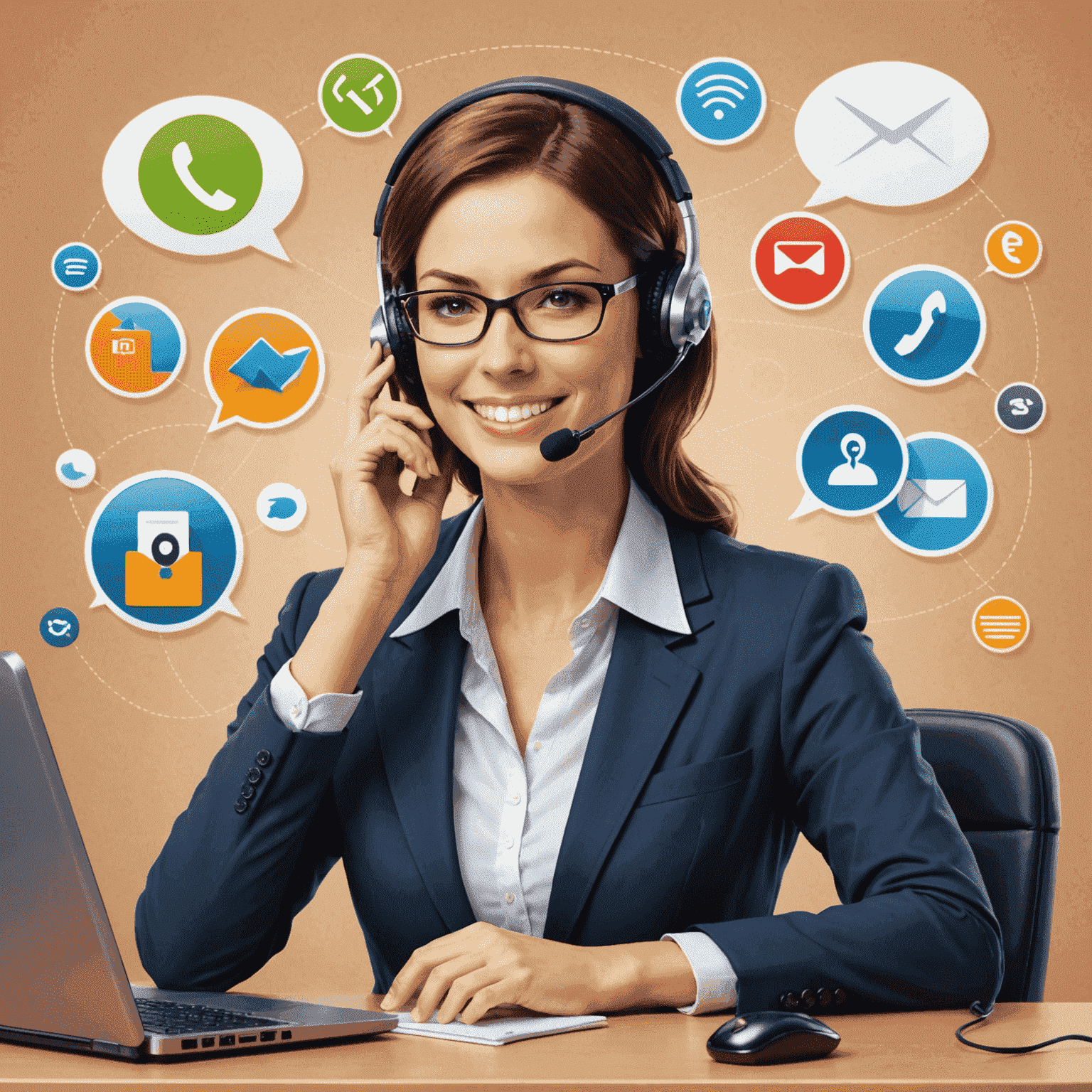 Illustration eines freundlichen Kundenservice-Mitarbeiters mit verschiedenen Kommunikationskanälen wie Chat, Telefon und E-Mail